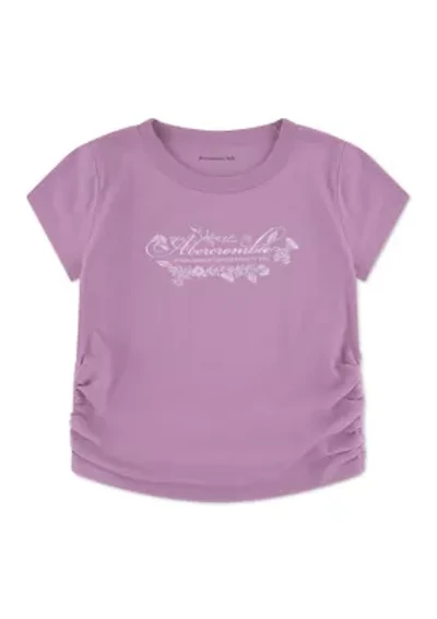 floral scripted short sleeve ruched t-shirt