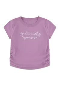 floral scripted short sleeve ruched t-shirt