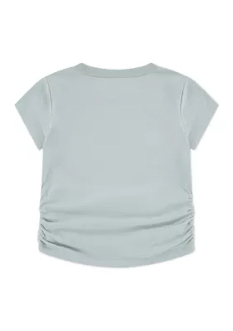 floral scripted short sleeve ruched t-shirt