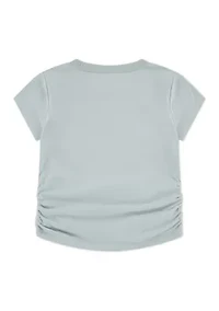 floral scripted short sleeve ruched t-shirt