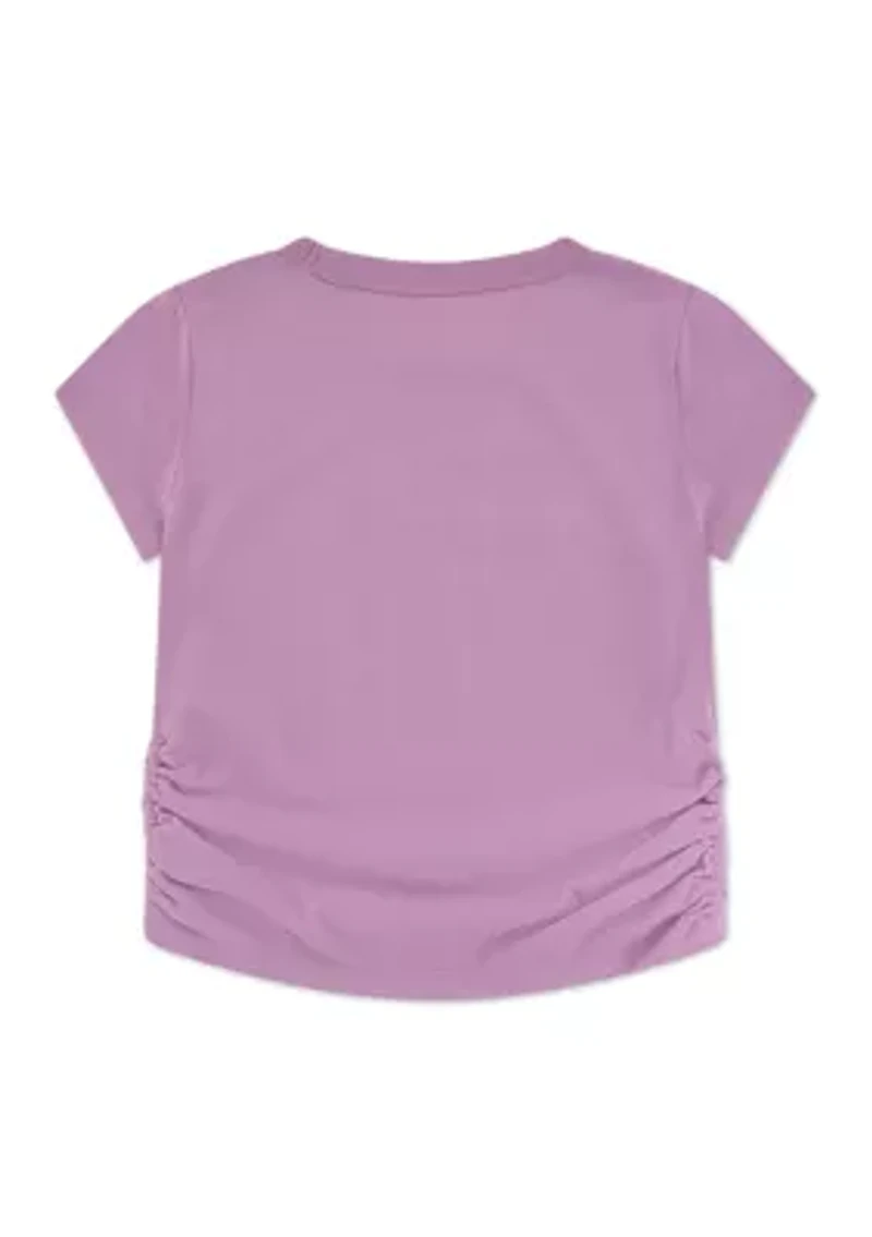 floral scripted short sleeve ruched t-shirt