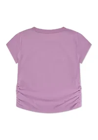 floral scripted short sleeve ruched t-shirt