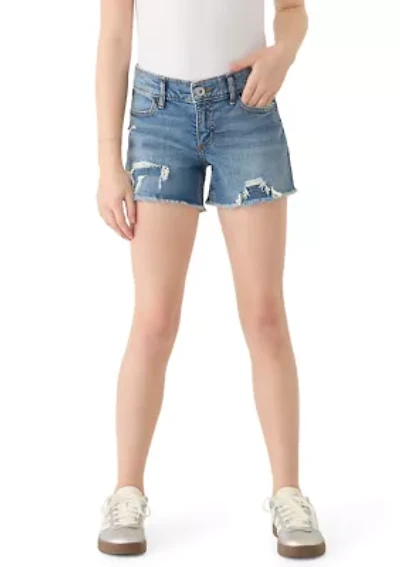 low rise midi destructed denim shorts