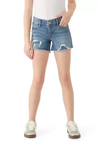 low rise midi destructed denim shorts
