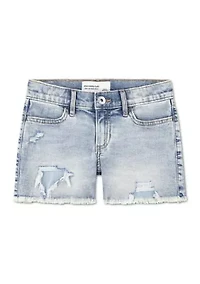 low rise midi destructed denim shorts