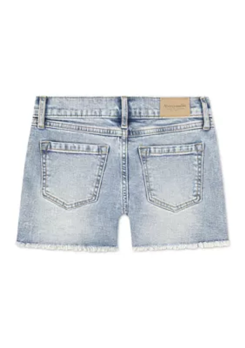 low rise midi destructed denim shorts