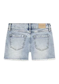 low rise midi destructed denim shorts