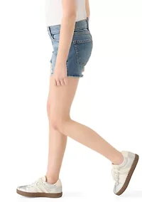 low rise midi destructed denim shorts