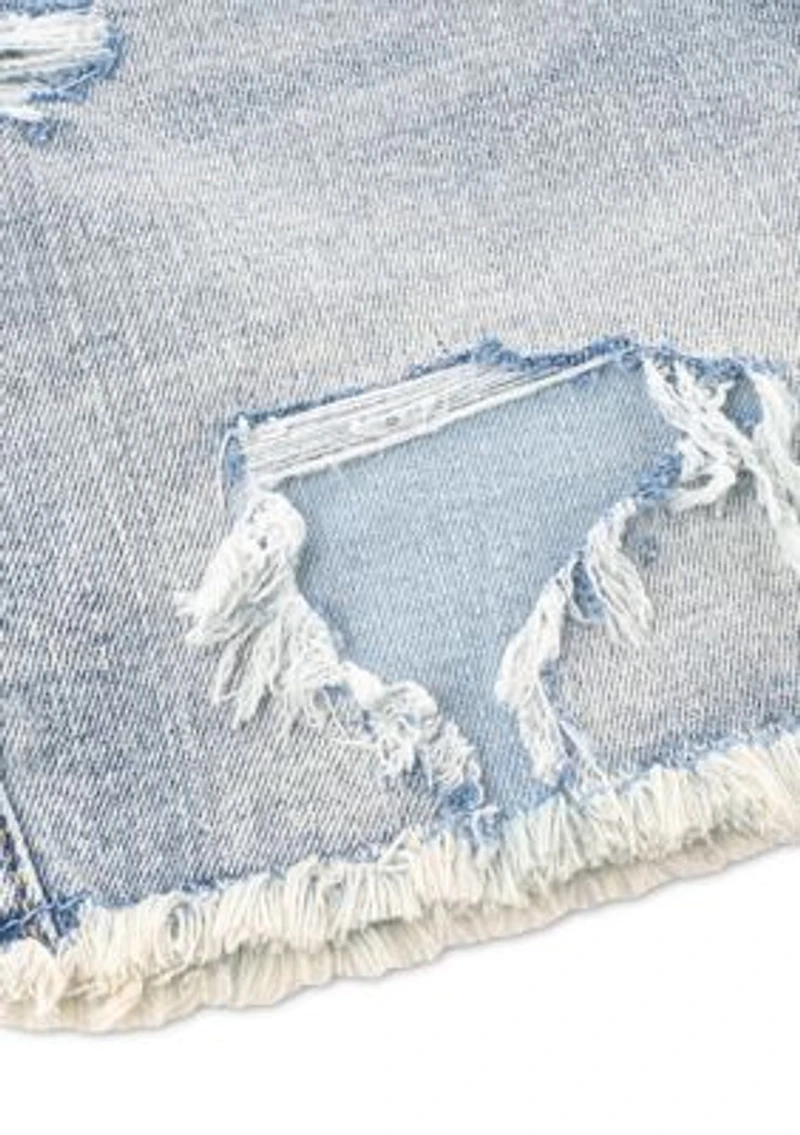 low rise midi destructed denim shorts