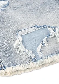 low rise midi destructed denim shorts