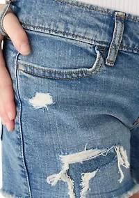 low rise midi destructed denim shorts