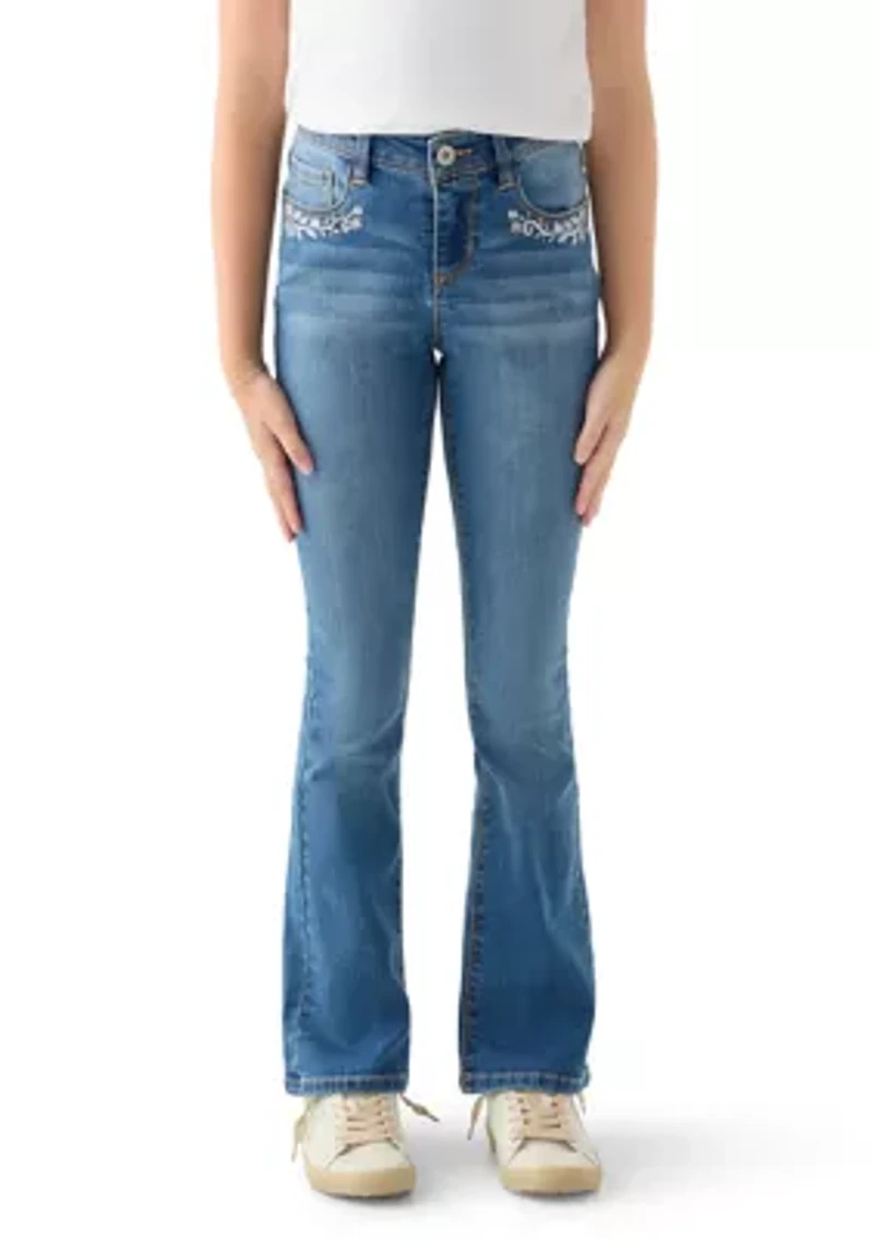 Girls 7-16 Flare Jeans with Back and Front Pocket Embroidery