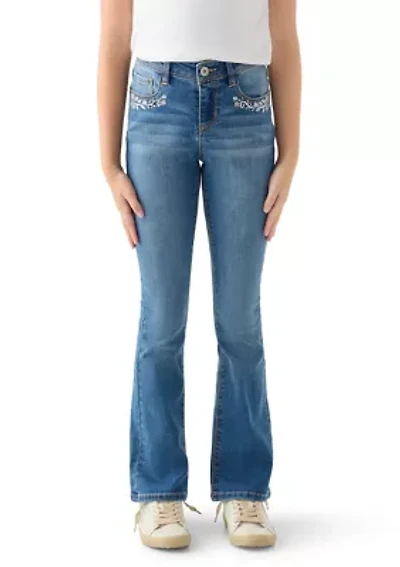 Girls 7-16 Flare Jeans with Back and Front Pocket Embroidery