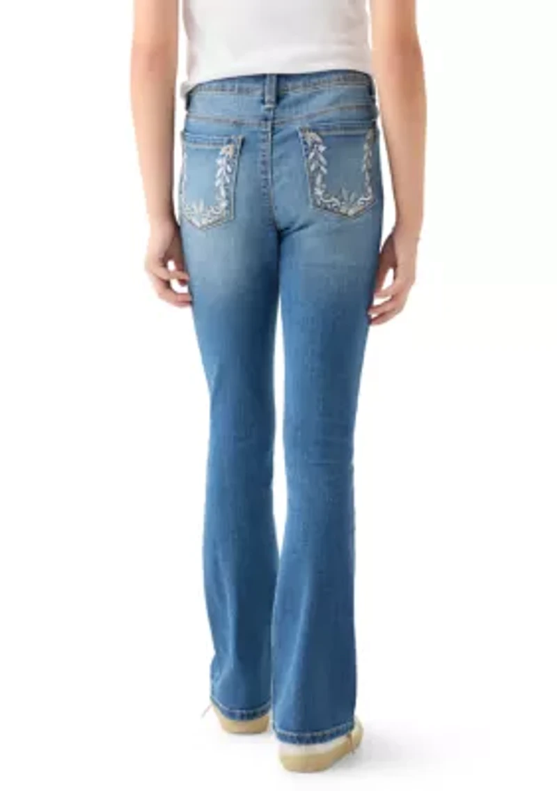 Girls 7-16 Flare Jeans with Back and Front Pocket Embroidery
