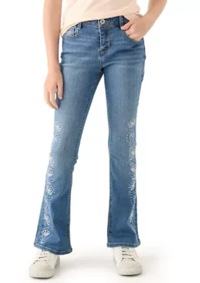 Girls 7-16 Rhinestone Floral Embroidered Flare Jeans