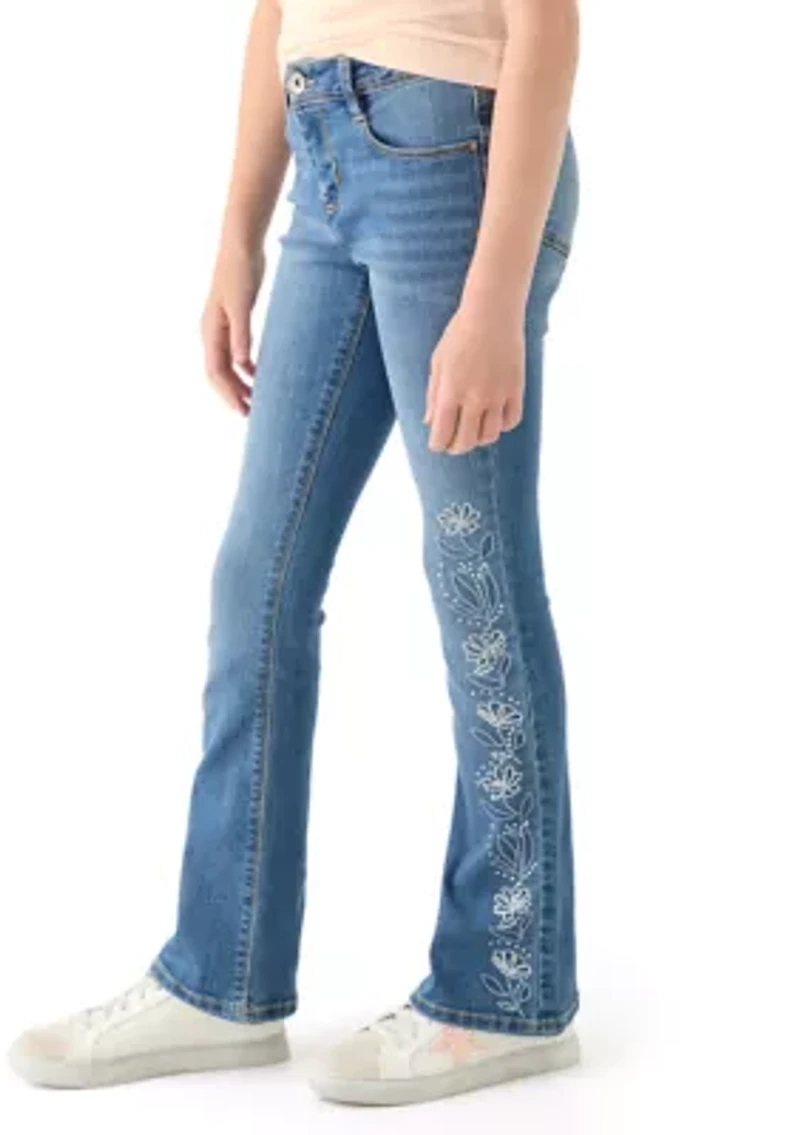 Girls 7-16 Rhinestone Floral Embroidered Flare Jeans