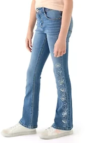 Girls 7-16 Rhinestone Floral Embroidered Flare Jeans