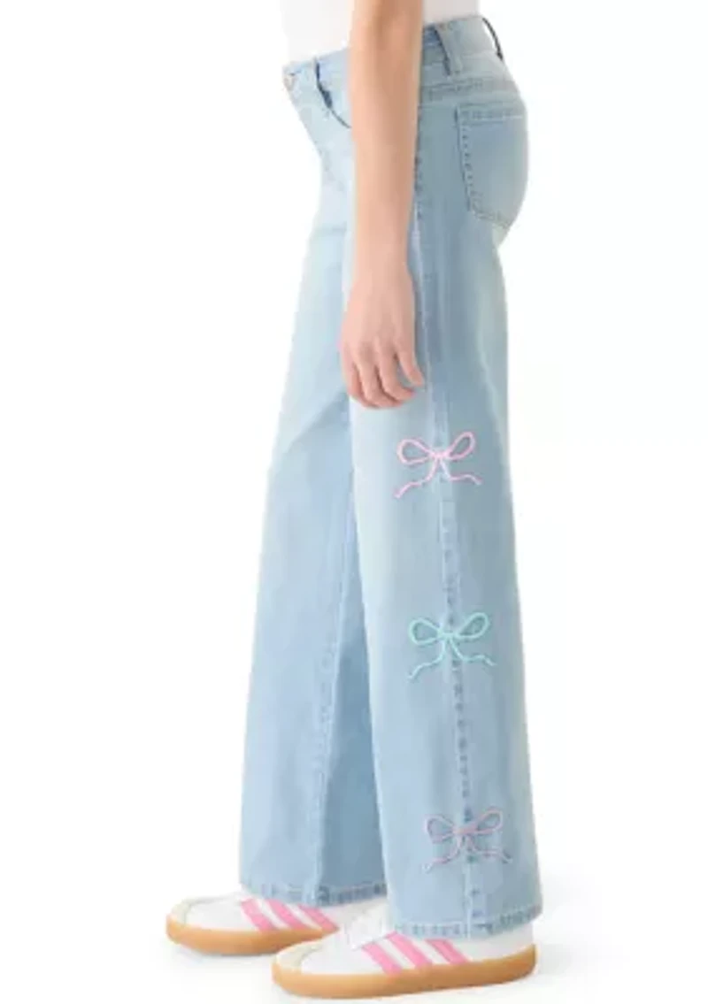 Girls 7-16 Wide Leg Bow Embellished Jeans