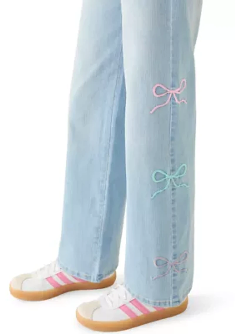 Girls 7-16 Wide Leg Bow Embellished Jeans