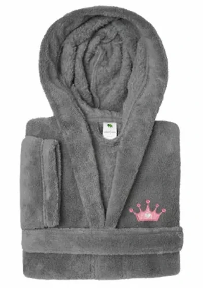 Girls 5-12 Hooded Bathrobe Embroidered with Pink Crown Design