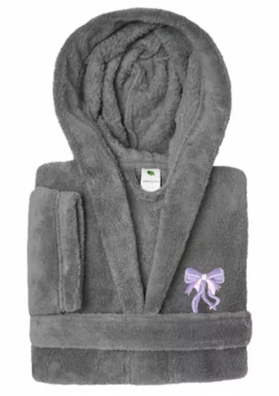 Girls 5-12 Hooded Bathrobe Embroidered with Purple Bow Design