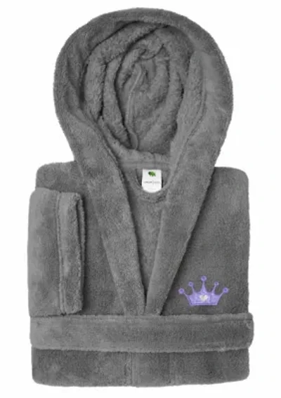 Girls 5-12 Hooded Bathrobe Embroidered with Purple Crown Design