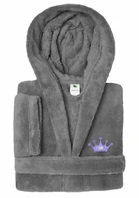Girls 5-12 Hooded Bathrobe Embroidered with Purple Crown Design