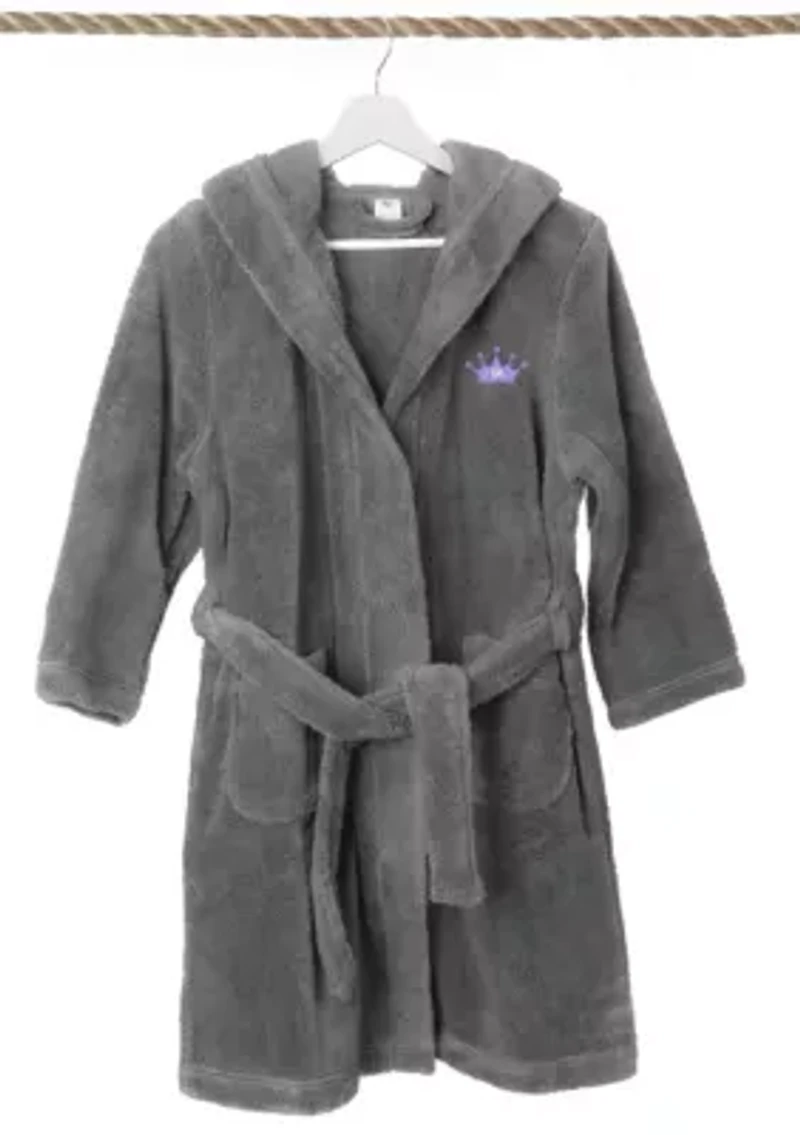 Girls 5-12 Hooded Bathrobe Embroidered with Purple Crown Design