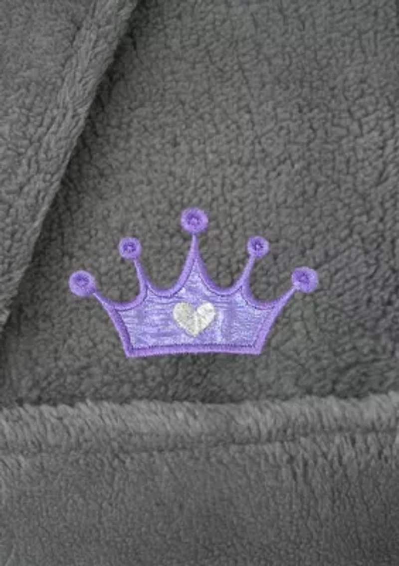 Girls 5-12 Hooded Bathrobe Embroidered with Purple Crown Design