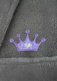 Girls 5-12 Hooded Bathrobe Embroidered with Purple Crown Design