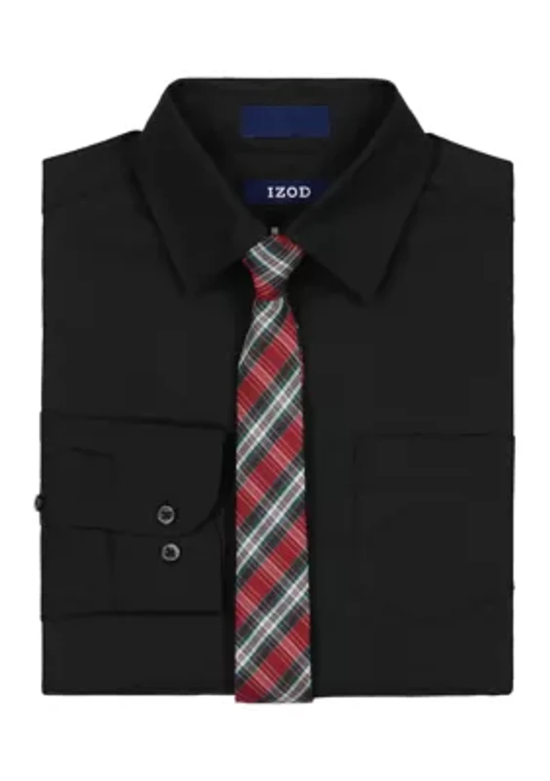 Boys 8-20 Long Sleeve Stretch Solid Poplin Shirt and Tie