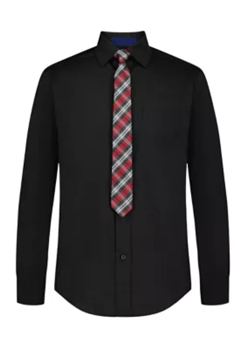 Boys 8-20 Long Sleeve Stretch Solid Poplin Shirt and Tie
