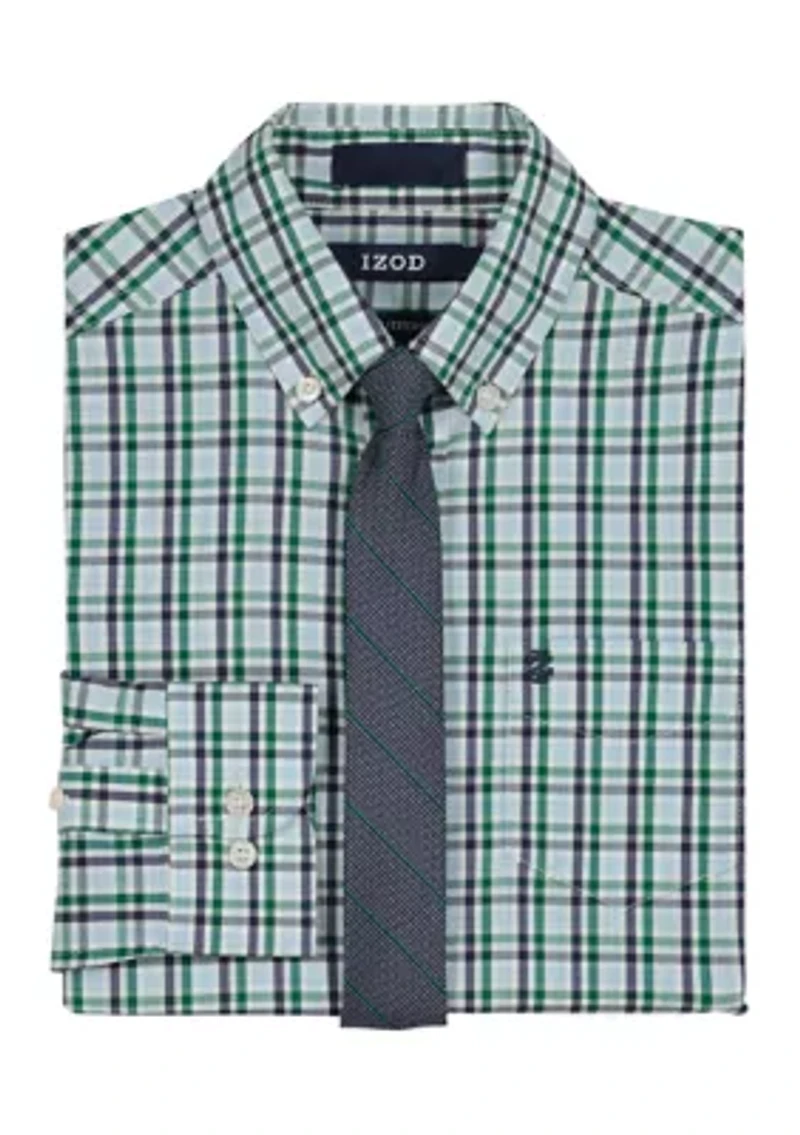 Boys 8-20 Husky Long Sleeve Stretch Ridgewood Plaid Shirt & Tie