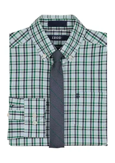 Boys 8-20 Husky Long Sleeve Stretch Ridgewood Plaid Shirt & Tie