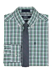 Boys 8-20 Husky Long Sleeve Stretch Ridgewood Plaid Shirt & Tie