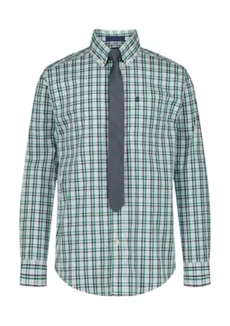 Boys 8-20 Husky Long Sleeve Stretch Ridgewood Plaid Shirt & Tie