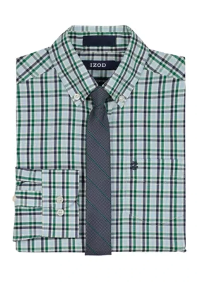 Boys 8-20 Long Sleeve Stretch Ridgewood Plaid Shirt & Tie
