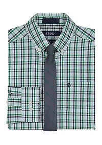 Boys 8-20 Long Sleeve Stretch Ridgewood Plaid Shirt & Tie