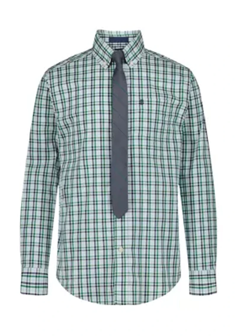 Boys 8-20 Long Sleeve Stretch Ridgewood Plaid Shirt & Tie