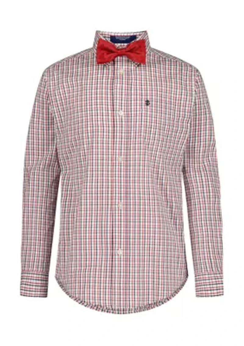 Boys 8-20 Husky Long Sleeve Stretch Lambert Plaid Shirt & Bow Tie