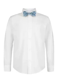 Boys 4-7 Long Sleeve Stretch Solid Poplin Shirt with Bowtie