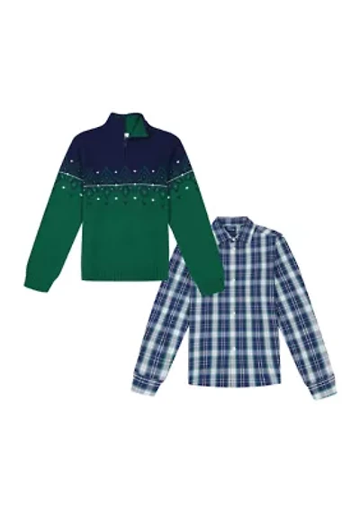 Boys 8-20 Winter Fairisle ¼ Zip Sweater and Plaid Shirt Set