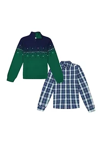 Boys 8-20 Winter Fairisle ¼ Zip Sweater and Plaid Shirt Set