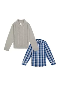 Boys 8-20 Cable Shawl Sweater with Plaid Button Shirt