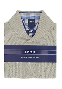 Boys 8-20 Cable Shawl Sweater with Plaid Button Shirt