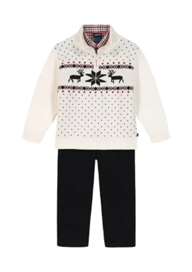 Boys 4-7 Reindeer Fairisle Sweater Quarter Zip Corded Set