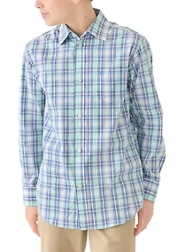 Boys 8-20 Husky Long Sleeve Yarn Dyed Stretch Spring Plaid Shirt