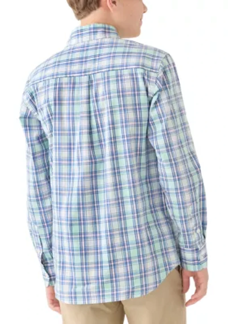 Boys 8-20 Husky Long Sleeve Yarn Dyed Stretch Spring Plaid Shirt