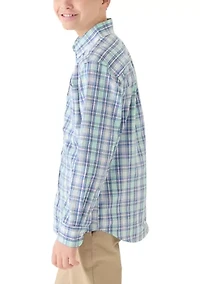 Boys 8-20 Husky Long Sleeve Yarn Dyed Stretch Spring Plaid Shirt