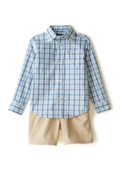 Boys 4-7 Long Sleeve Picnic Plaid Shirt and Performance Shorts Set